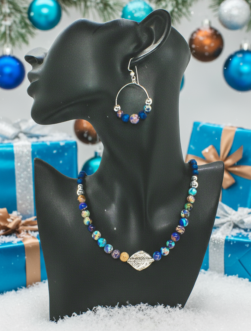 Stunning Natural Sea Blue Imperial Jasper, Lava beads and Silver Hematite, Semi-precious, Beaded Necklace Set - handcrafted by Artistry Jewelry