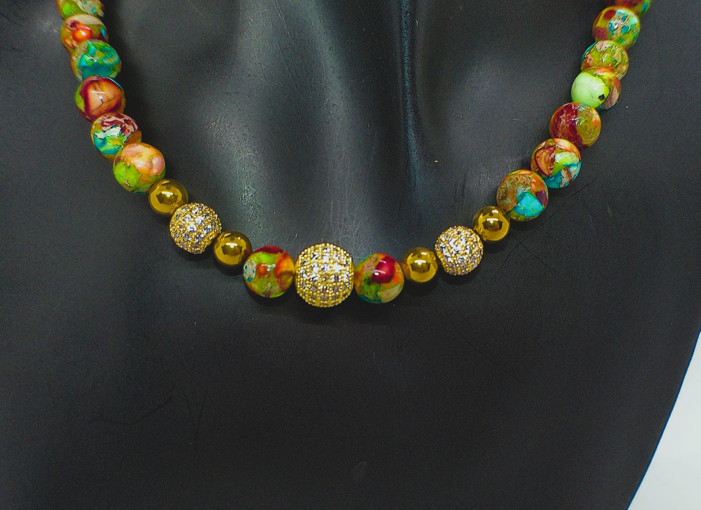 Fabulous Natural Green & Red Imperial Jasper, Gold Hematite, and CZ, Semi-precious, One-of-a-Kind,Beaded Necklace-handcrafted by Artistry Jewelry