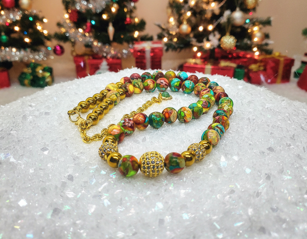 Fabulous Natural Green & Red Imperial Jasper, Gold Hematite, and CZ, Semi-precious, One-of-a-Kind,Beaded Necklace-handcrafted by Artistry Jewelry