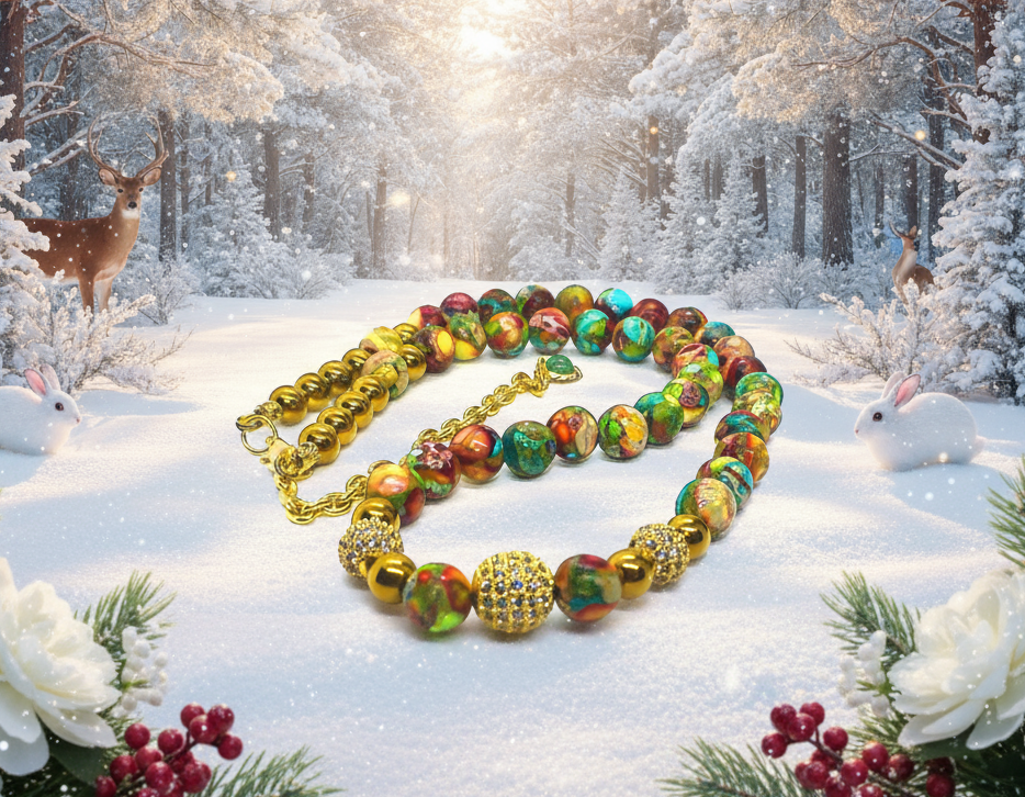 Fabulous Natural Green & Red Imperial Jasper, Gold Hematite, and CZ, Semi-precious, One-of-a-Kind,Beaded Necklace-handcrafted by Artistry Jewelry