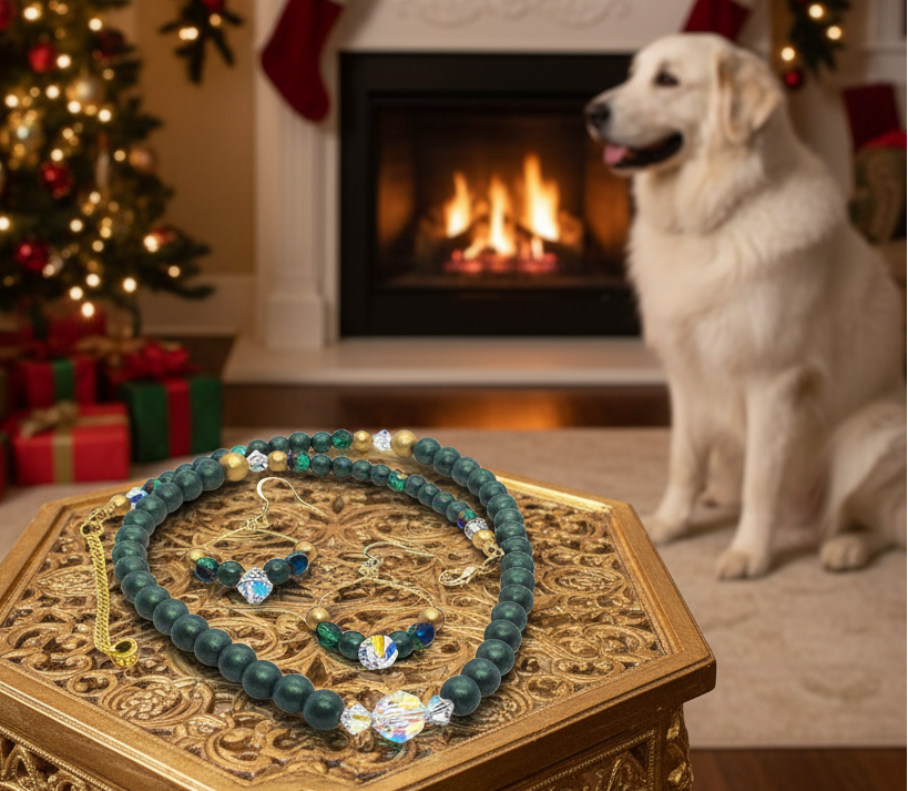 Gorgeous Dark Green, Crystal, and Gold Druk beads, One-of-a-Kind, Beaded Necklace Set- handcrafted by Artistry Jewelry