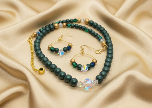 Gorgeous Dark Green, Crystal, and Gold Druk beads, One-of-a-Kind, Beaded Necklace Set- handcrafted by Artistry Jewelry