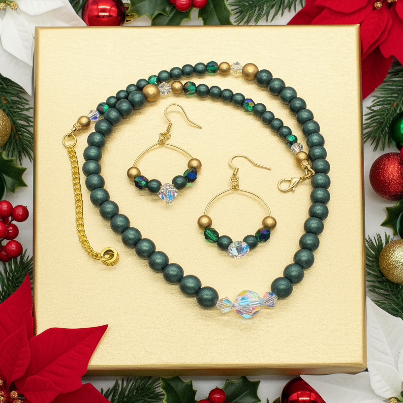 Gorgeous Dark Green, Crystal, and Gold Druk beads, One-of-a-Kind, Beaded Necklace Set- handcrafted by Artistry Jewelry