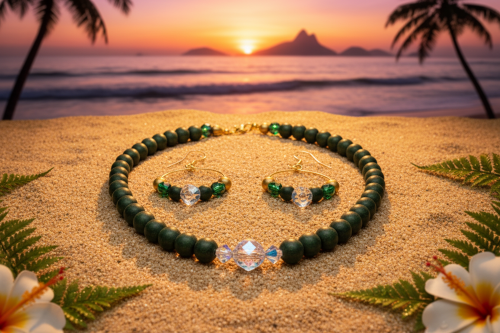 Gorgeous Dark Green, Crystal, and Gold Druk beads, One-of-a-Kind, Beaded Necklace Set- handcrafted by Artistry Jewelry