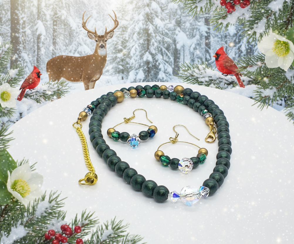 Gorgeous Dark Green, Crystal, and Gold Druk beads, One-of-a-Kind, Beaded Necklace Set- handcrafted by Artistry Jewelry