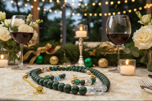 Gorgeous Dark Green, Crystal, and Gold Druk beads, One-of-a-Kind, Beaded Necklace Set- handcrafted by Artistry Jewelry