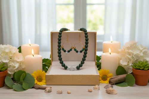 Gorgeous Dark Green, Crystal, and Gold Druk beads, One-of-a-Kind, Beaded Necklace Set- handcrafted by Artistry Jewelry