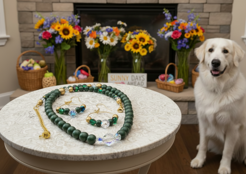 Gorgeous Dark Green, Crystal, and Gold Druk beads, One-of-a-Kind, Beaded Necklace Set- handcrafted by Artistry Jewelry