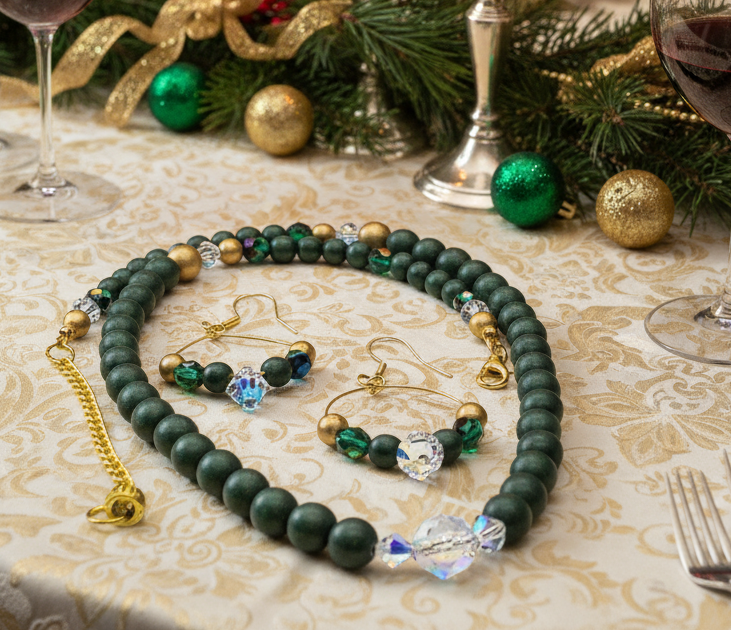 Gorgeous Dark Green, Crystal, and Gold Druk beads, One-of-a-Kind, Beaded Necklace Set- handcrafted by Artistry Jewelry