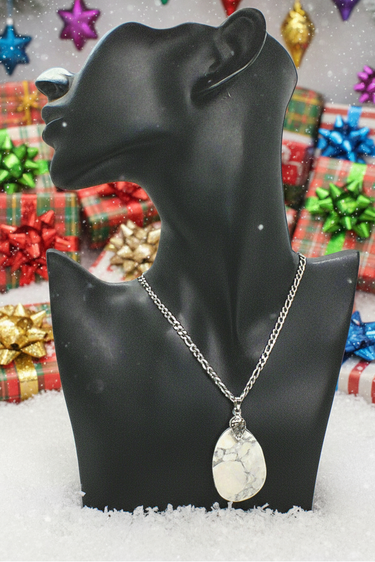 Lovely Howlite Pendant, Figaro Stainless Steel Chain Necklace-by Artistry Jewelry