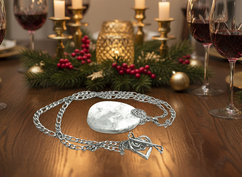 Lovely Howlite Pendant, Figaro Stainless Steel Chain Necklace-by Artistry Jewelry