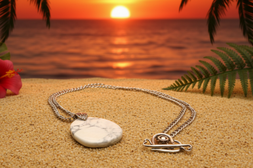 Lovely Howlite Pendant, Figaro Stainless Steel Chain Necklace-by Artistry Jewelry