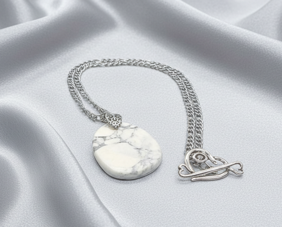 Lovely Howlite Pendant, Figaro Stainless Steel Chain Necklace-by Artistry Jewelry