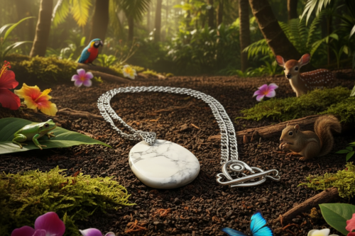 Lovely Howlite Pendant, Figaro Stainless Steel Chain Necklace-by Artistry Jewelry