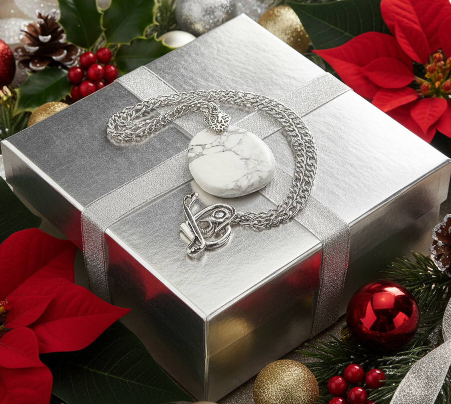 Lovely Howlite Pendant, Figaro Stainless Steel Chain Necklace-by Artistry Jewelry