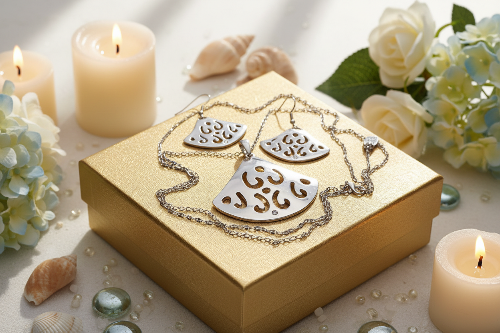 Stunning Silver Pendant, Rhinestones, and Silver Stainless Steel Chain Necklace Set, One-of-a-Kind, Created by Artistry Jewelry