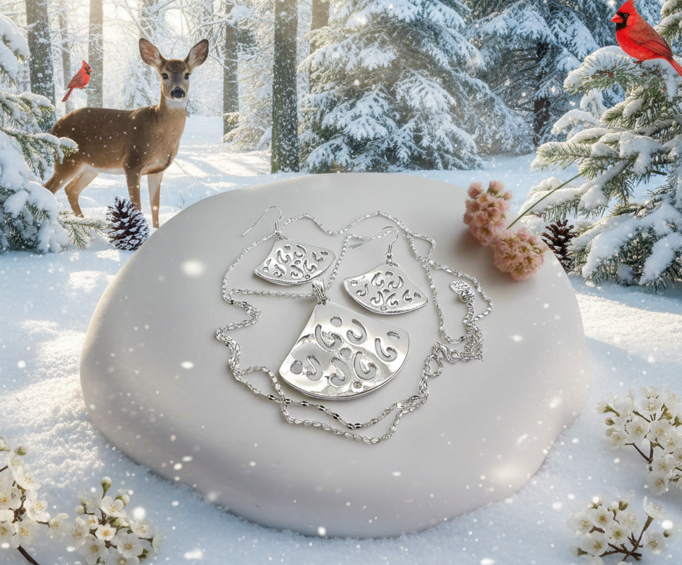 Stunning Silver Pendant, Rhinestones, and Silver Stainless Steel Chain Necklace Set, One-of-a-Kind, Created by Artistry Jewelry