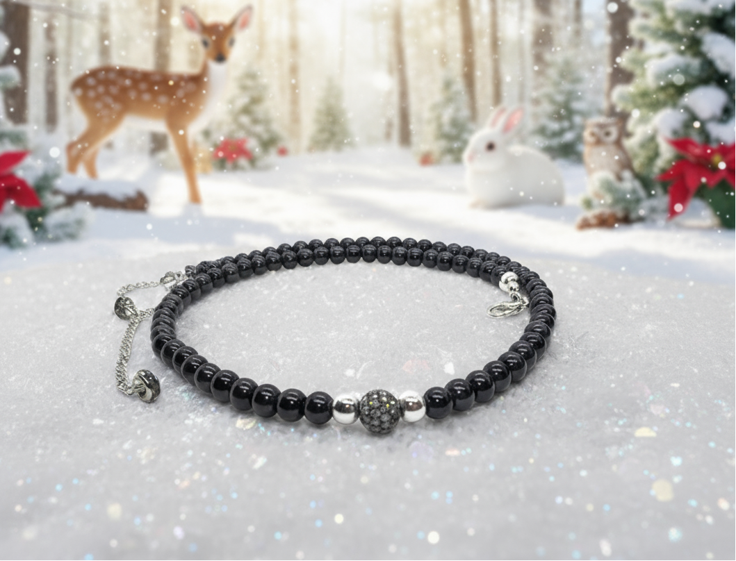 Lovely Black Pearl Beads, Cubic Zirconia, and Silver Rondelles, One-of-a-Kind, Beaded Necklace-handcrafted by Artistry Jewelry