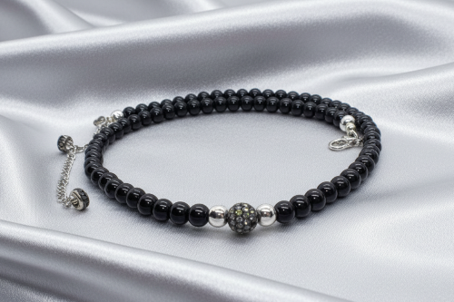 Lovely Black Pearl Beads, Cubic Zirconia, and Silver Rondelles, One-of-a-Kind, Beaded Necklace-handcrafted by Artistry Jewelry