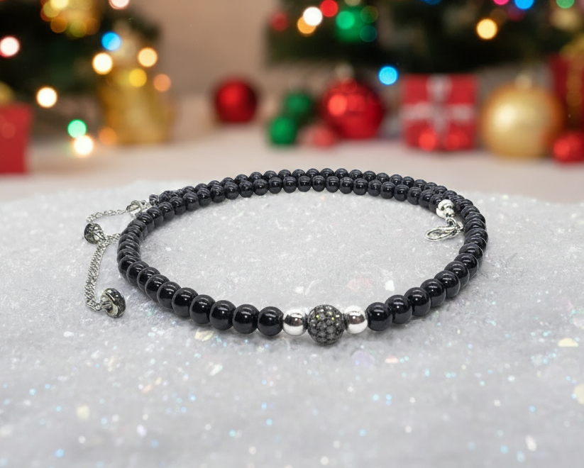 Lovely Black Pearl Beads, Cubic Zirconia, and Silver Rondelles, One-of-a-Kind, Beaded Necklace-handcrafted by Artistry Jewelry