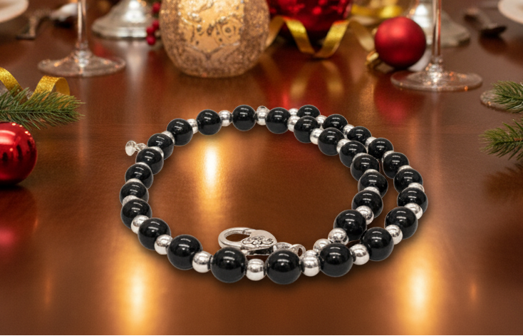 Flaunting Silver Hematite and Black Satin Pearl Beaded Necklace - handcrafted by Artistry Jewelry