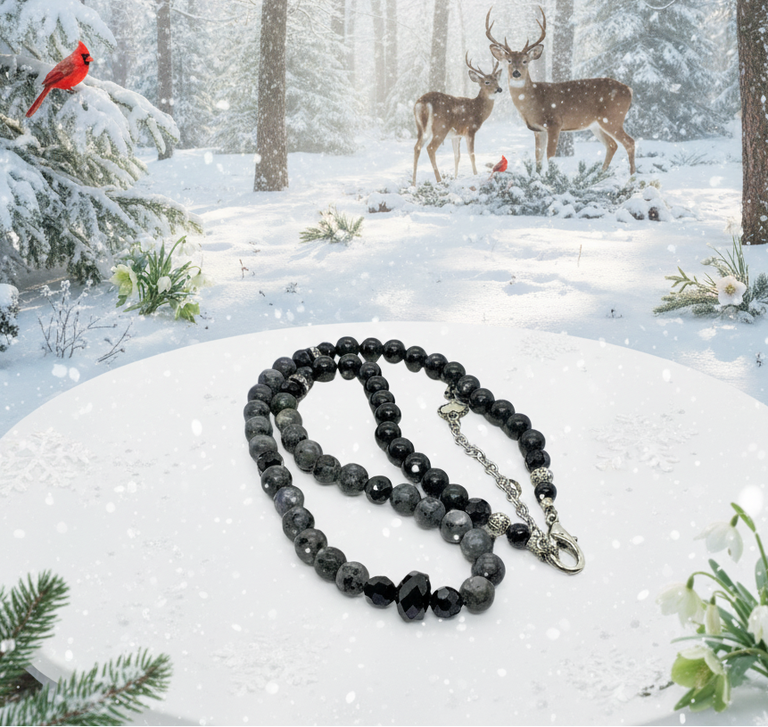 Gorgeous Natural Labradorite, Czech Crystal, Black Beads, One-of-a-Kind, Semi-precious Beaded Necklace - handcrafted by Artistry Jewelry