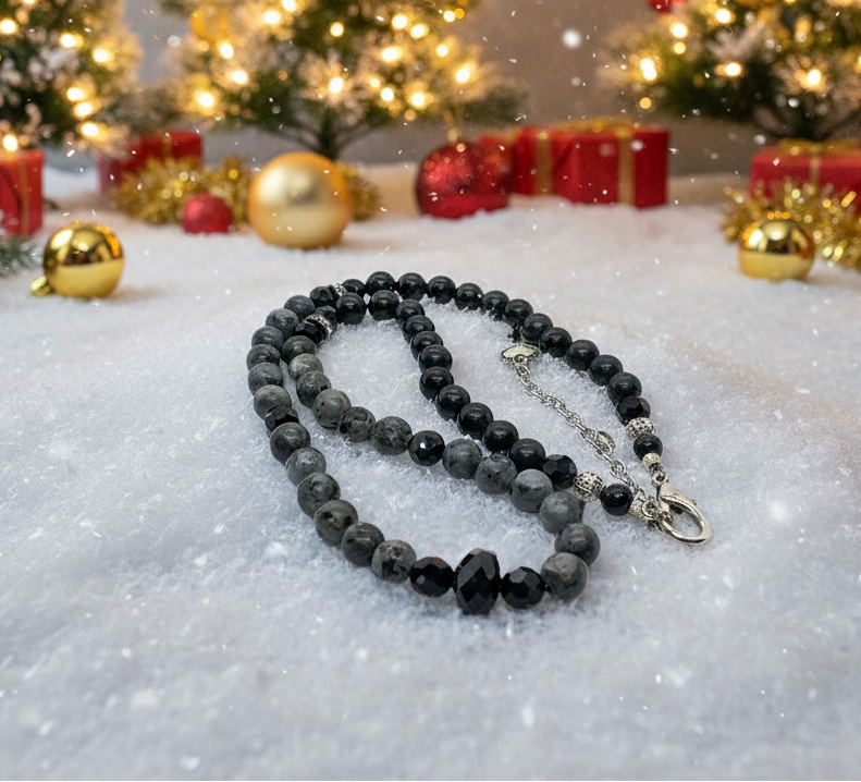 Gorgeous Natural Labradorite, Czech Crystal, Black Beads, One-of-a-Kind, Semi-precious Beaded Necklace - handcrafted by Artistry Jewelry
