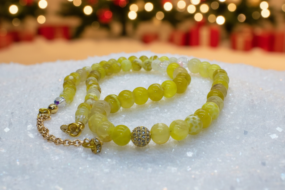 Fabulous Yellow Fire Agates and Cubic Zirconia Semi-precious, One-of-a-Kind, Beaded Necklace - handcrafted by Artistry Jewelry