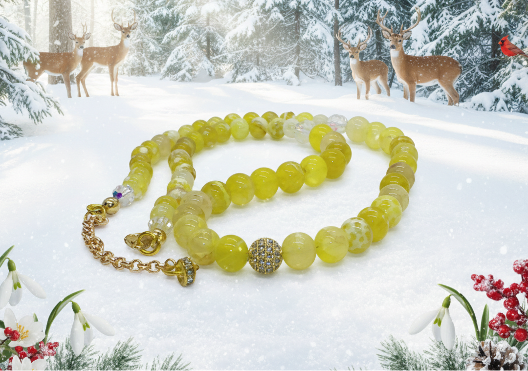 Fabulous Yellow Fire Agates and Cubic Zirconia Semi-precious, One-of-a-Kind, Beaded Necklace - handcrafted by Artistry Jewelry