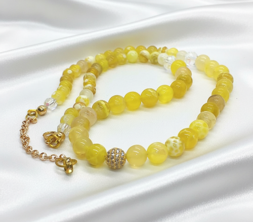 Fabulous Yellow Fire Agates and Cubic Zirconia Semi-precious, One-of-a-Kind, Beaded Necklace - handcrafted by Artistry Jewelry