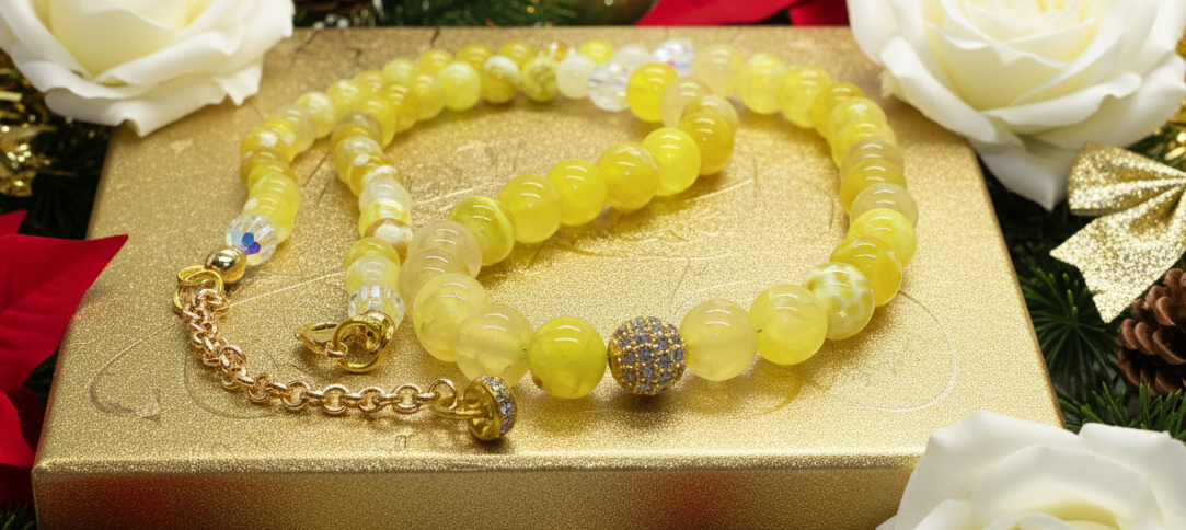 Fabulous Yellow Fire Agates and Cubic Zirconia Semi-precious, One-of-a-Kind, Beaded Necklace - handcrafted by Artistry Jewelry