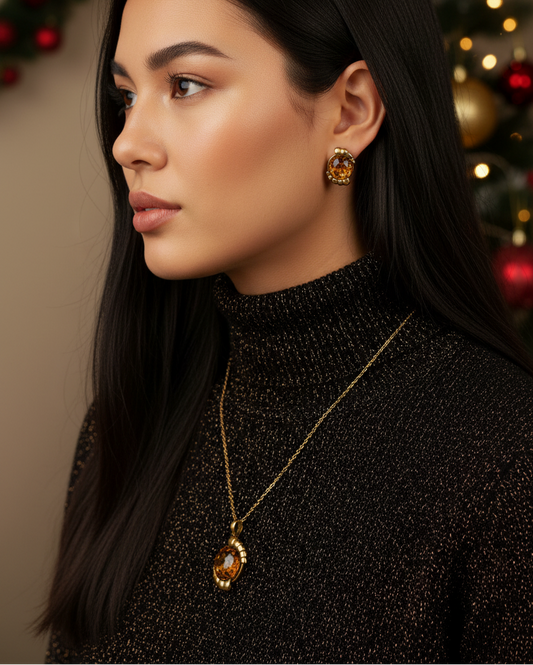 Charming Vintage Style Burnished Gold and Brown Colored Pendant, Steel Chain Necklace and Earrings Set, 18 inches, One-of-a-Kind - by Artistry Jewelry