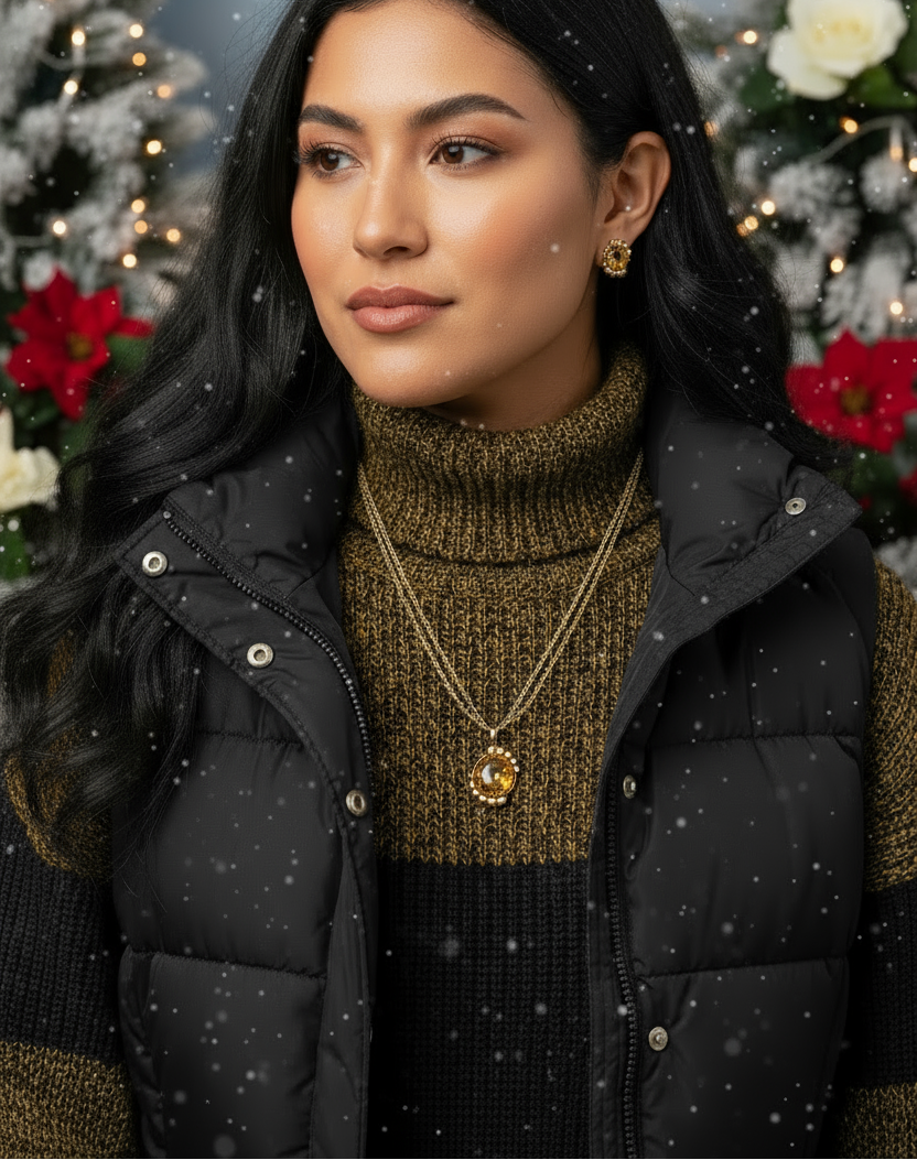 Charming Vintage Style Burnished Gold and Brown Colored Pendant, Steel Chain Necklace and Earrings Set, 18 inches, One-of-a-Kind - by Artistry Jewelry