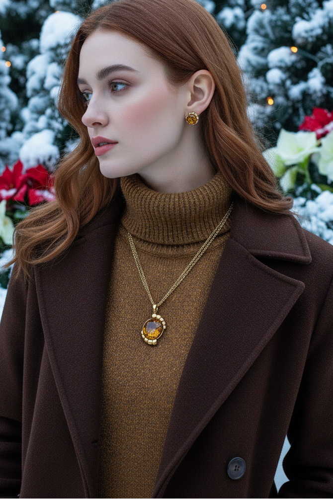 Charming Vintage Style Burnished Gold and Brown Colored Pendant, Steel Chain Necklace and Earrings Set, 18 inches, One-of-a-Kind - by Artistry Jewelry