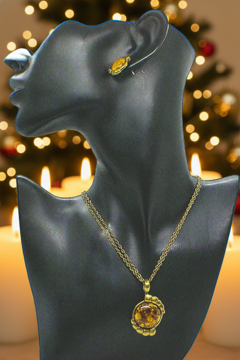 Charming Vintage Style Burnished Gold and Brown Colored Pendant, Steel Chain Necklace and Earrings Set, 18 inches, One-of-a-Kind - by Artistry Jewelry