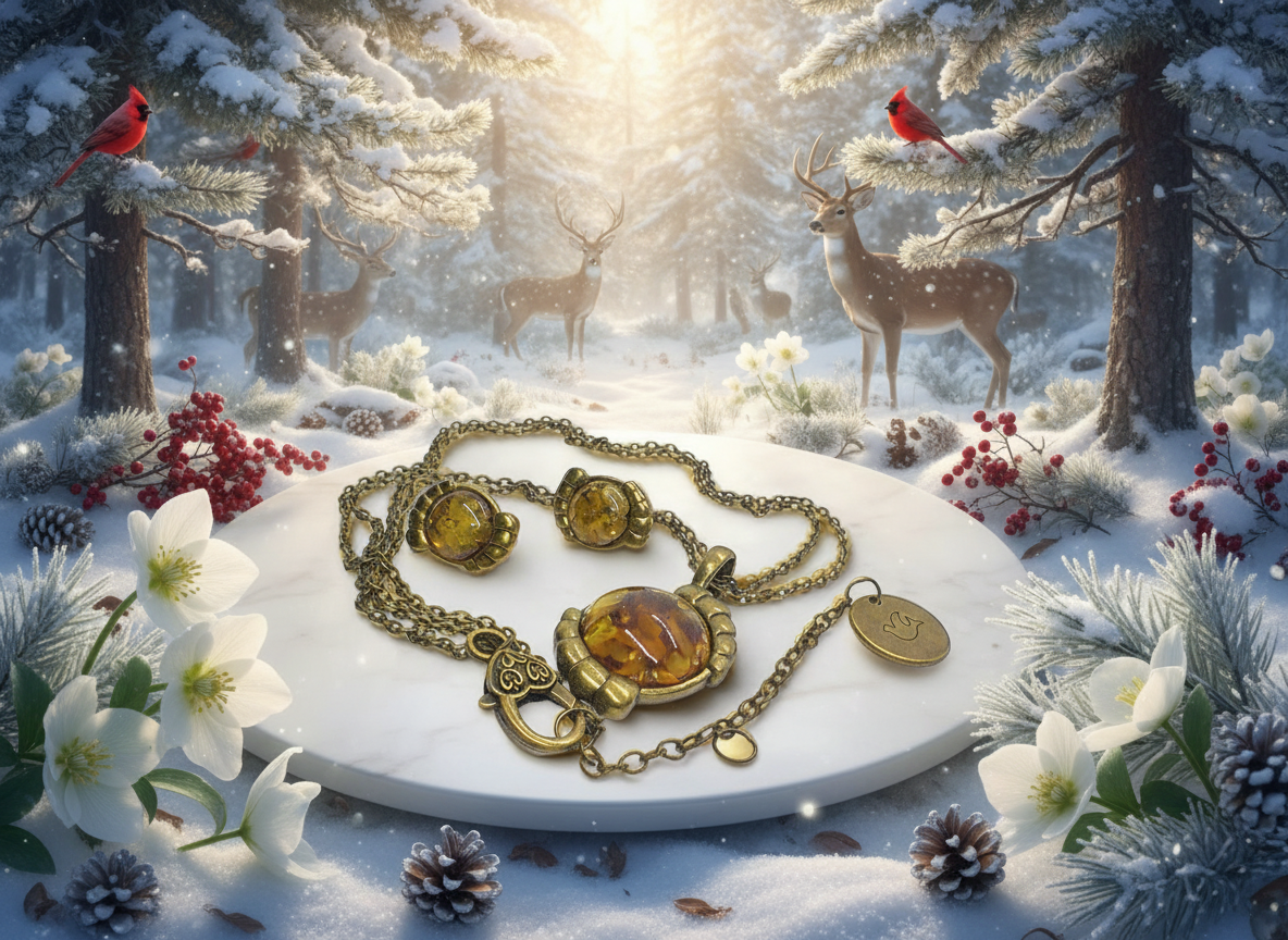 Charming Vintage Style Burnished Gold and Brown Colored Pendant, Steel Chain Necklace and Earrings Set, 18 inches, One-of-a-Kind - by Artistry Jewelry