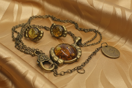Charming Vintage Style Burnished Gold and Brown Colored Pendant, Steel Chain Necklace and Earrings Set, 18 inches, One-of-a-Kind - by Artistry Jewelry
