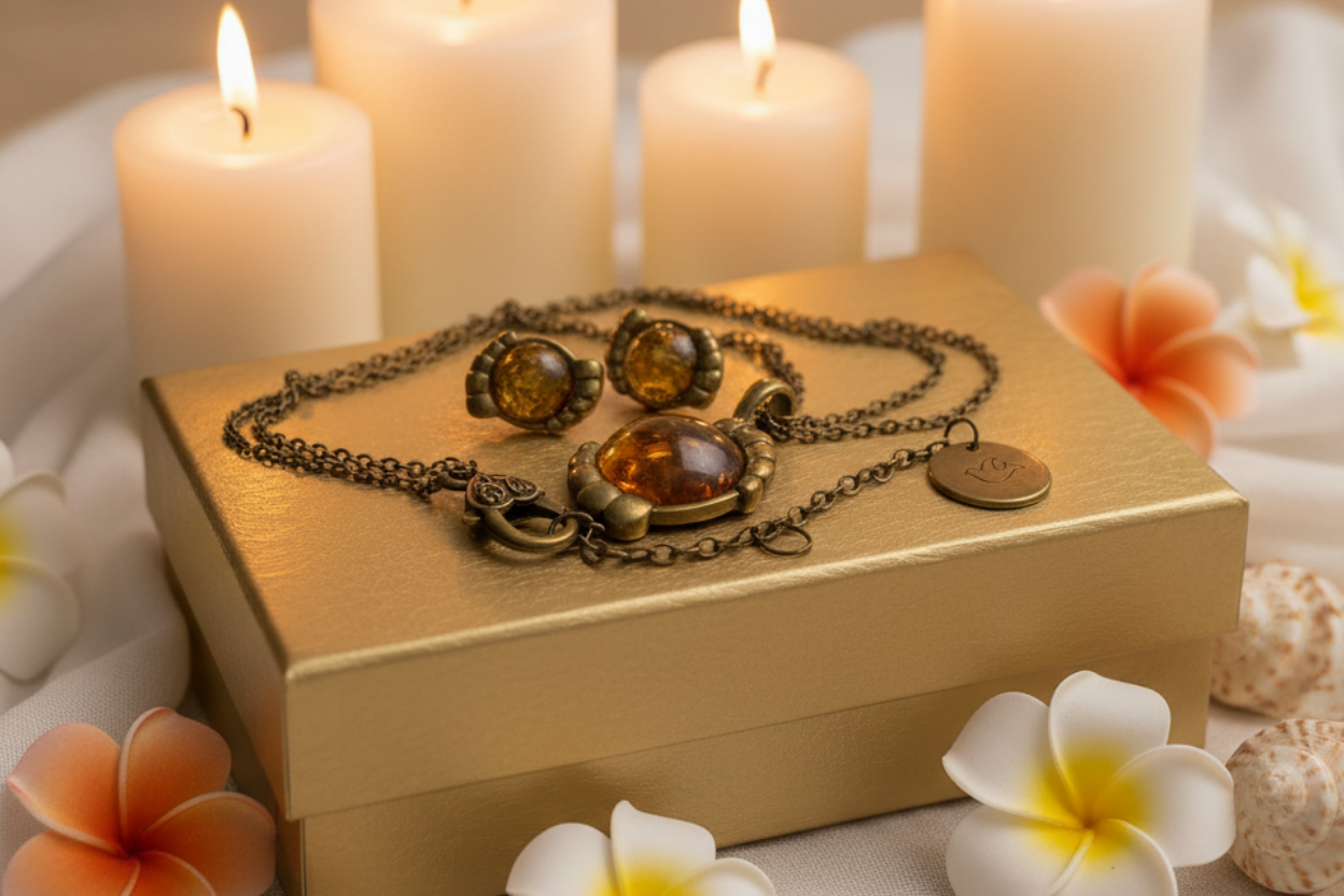Charming Vintage Style Burnished Gold and Brown Colored Pendant, Steel Chain Necklace and Earrings Set, 18 inches, One-of-a-Kind - by Artistry Jewelry