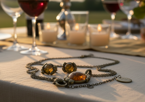 Charming Vintage Style Burnished Gold and Brown Colored Pendant, Steel Chain Necklace and Earrings Set, 18 inches, One-of-a-Kind - by Artistry Jewelry