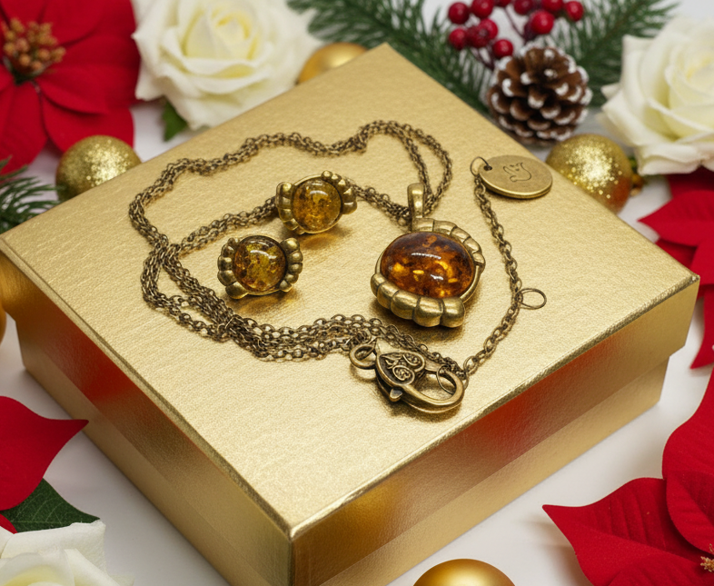 Charming Vintage Style Burnished Gold and Brown Colored Pendant, Steel Chain Necklace and Earrings Set, 18 inches, One-of-a-Kind - by Artistry Jewelry