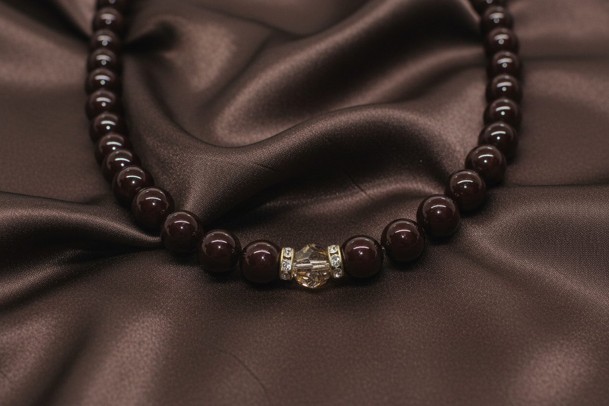 Beautiful Golden Shadow Crystal, Maroon Pearl and Gold Hematite Semi-precious Necklace-handcrafted by Artistry Jewelry