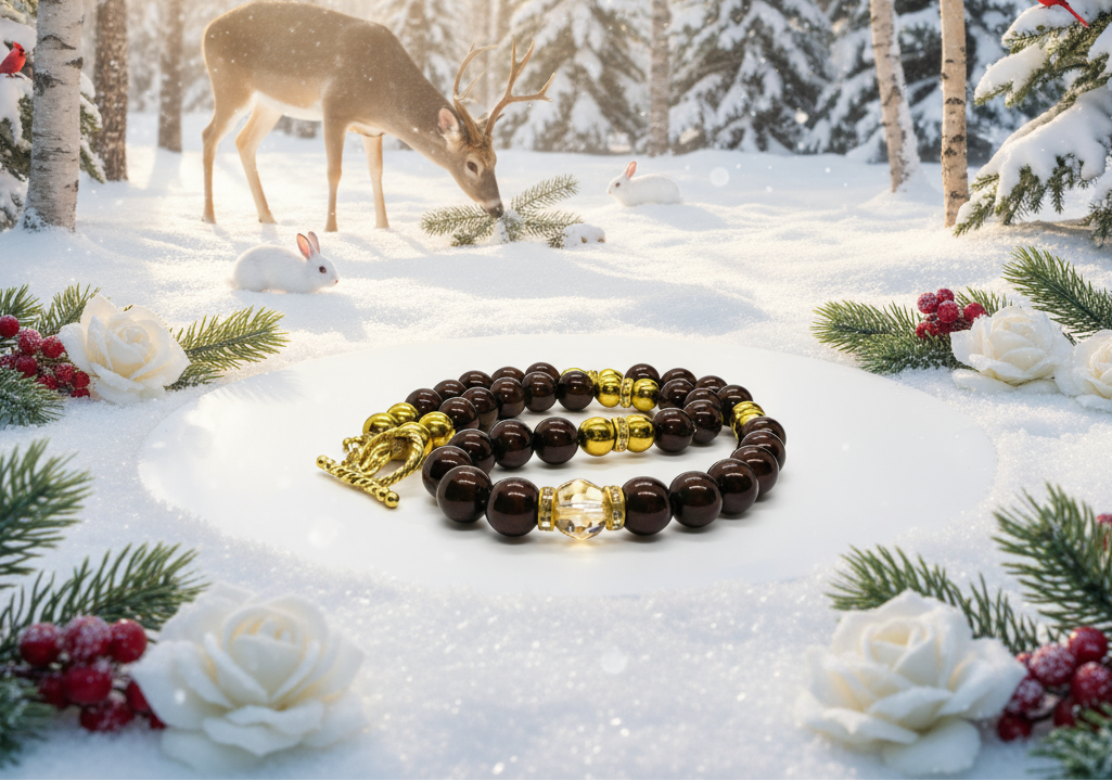 Beautiful Golden Shadow Crystal, Maroon Pearl and Gold Hematite Semi-precious Necklace-handcrafted by Artistry Jewelry