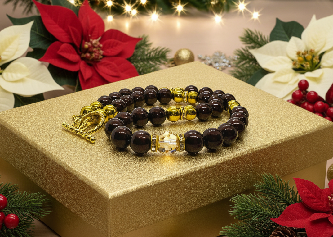 Beautiful Golden Shadow Crystal, Maroon Pearl and Gold Hematite Semi-precious Necklace-handcrafted by Artistry Jewelry