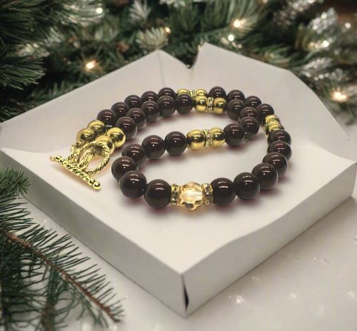 Beautiful Golden Shadow Crystal, Maroon Pearl and Gold Hematite Semi-precious Necklace-handcrafted by Artistry Jewelry