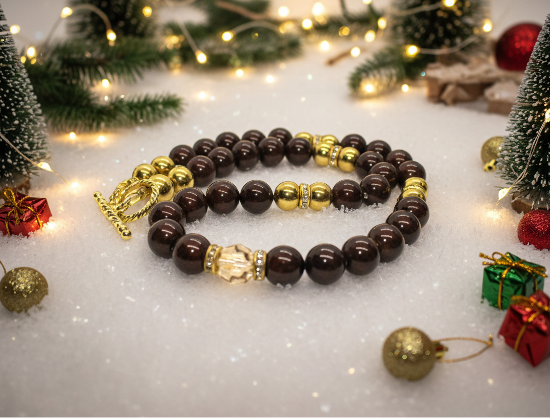 Beautiful Golden Shadow Crystal, Maroon Pearl and Gold Hematite Semi-precious Necklace-handcrafted by Artistry Jewelry