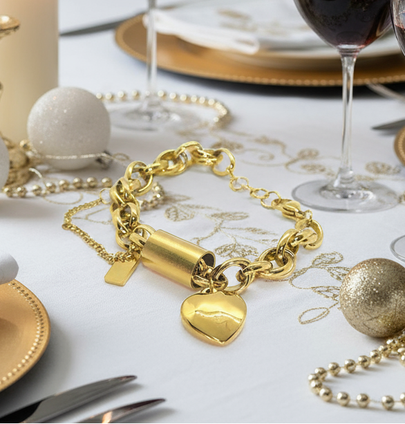 Exciting Puffy Gold Heart Charm Chain Bracelet