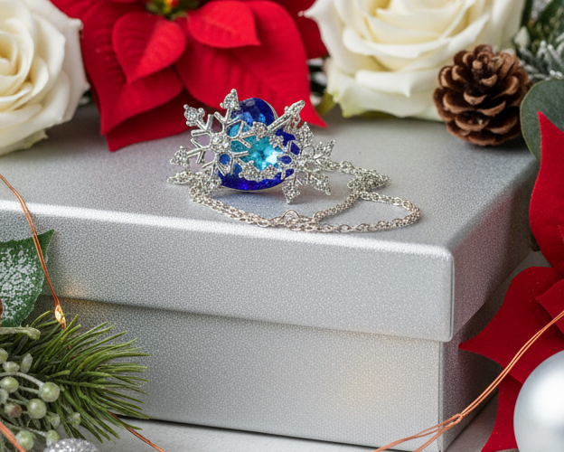 Beautiful Blue Heart and Snowflake Necklace