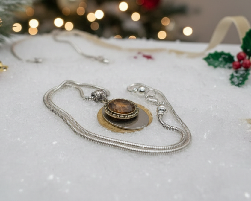 Smokey Topaz Rivoli Pendant, and Silver Snake Chain Necklace- by Artistry Jewelry