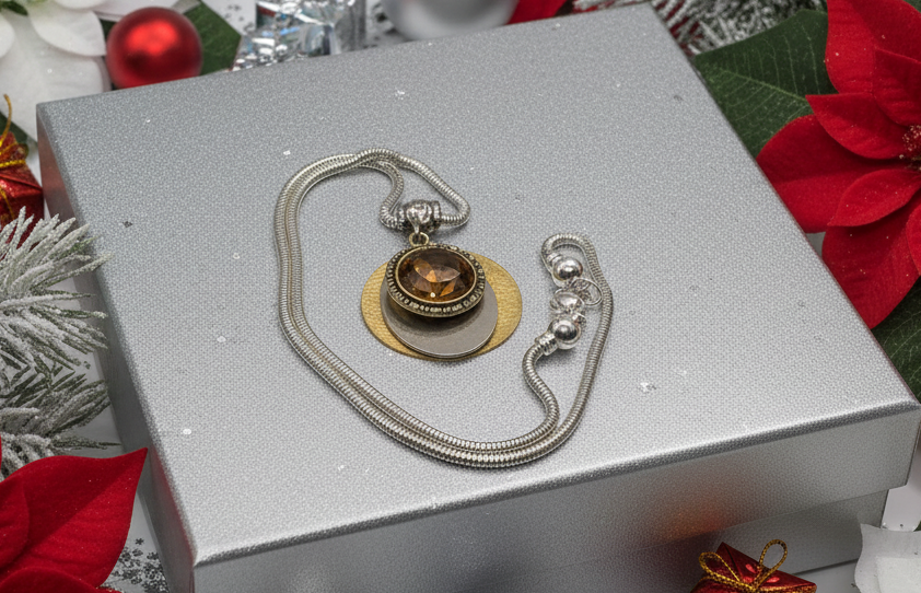 Smokey Topaz Rivoli Pendant, and Silver Snake Chain Necklace- by Artistry Jewelry