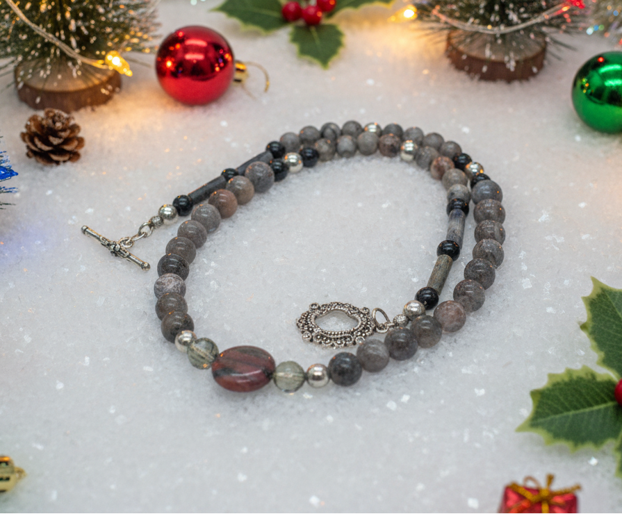 Gorgeous Natural Red Sesame, Black Lace Marble, and Crystal, semi-precious, One-of-a-Kind, Beaded Necklace-handcrafted by Artistry Jewelry